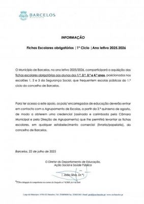 Fichas Escolares Obrigatórias | 1.º Ciclo | Ano Letivo 2025/2026
