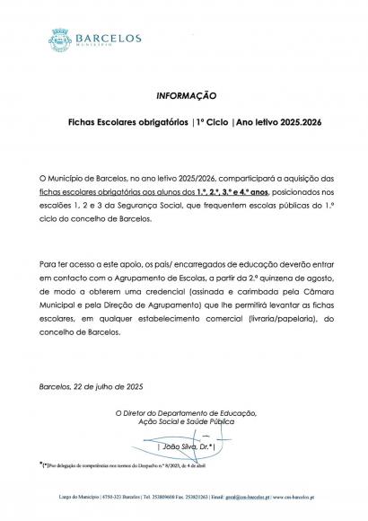 Fichas Escolares Obrigatórias | 1.º Ciclo | Ano Letivo 2025/2026 Fichas Escolares Obrigatórias | 1.º Ciclo | Ano Letivo 2025/2026