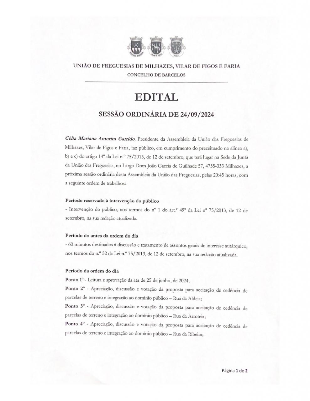 Assembleia de Freguesia - 24 de setembro de 2024